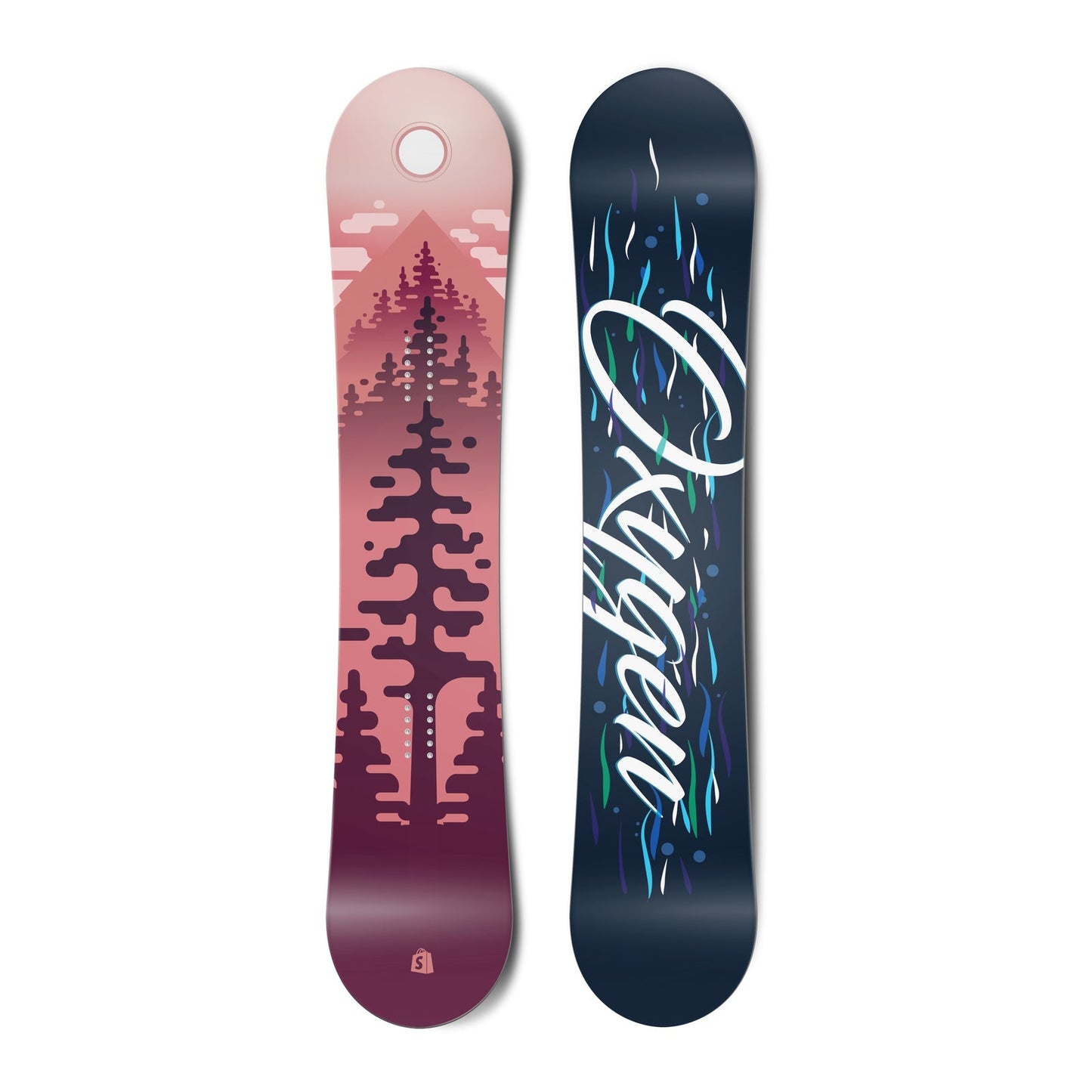 Top and bottom view of a snowboard. The top view shows a stylized scene of trees, mountains, sky and
a sun in red colours. The bottom view has blue wavy lines in the background with the text “Oxygen” in a
stylized script typeface.